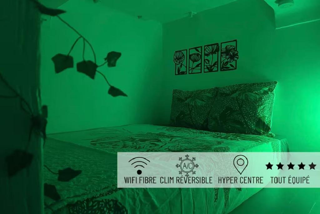 - une chambre verte dotée d'un lit avec un mur vert dans l'établissement JungleRoom Connecté ! Au coeur du Vieux Nice, à Nice