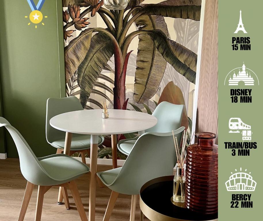 a table and chairs in a room with a palm tree mural at Appartement proche Paris, Disney, Cité Descartes, Centrex in Champs-Sur-Marne