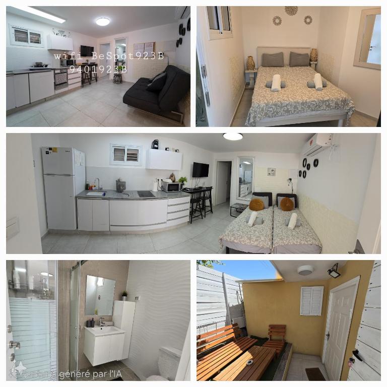 a collage of three pictures of a room at Neviot in Eilat