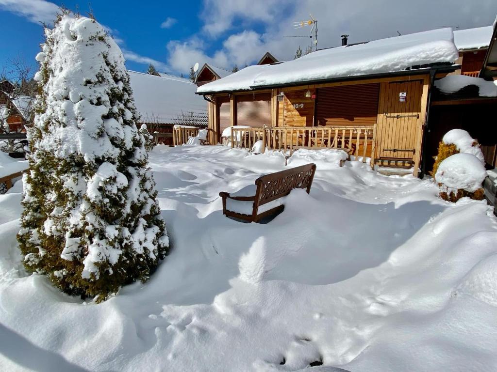 une cour enneigée avec un arbre et une cabine dans l'établissement Confortable Chalet pie des pistes Pyrénées 2000, à Bolquère-Pyrénées 2000