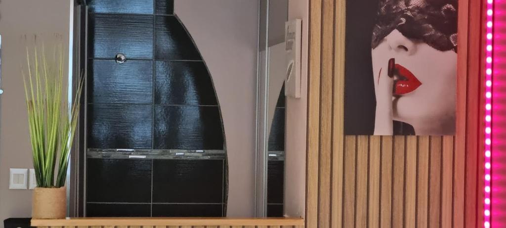 a window with a picture of a woman with red lipstick at Naturiste Port Nature in Cap d'Agde