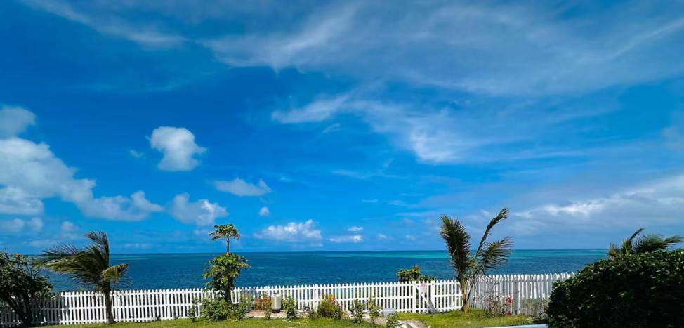 a white fence with palm trees and the ocean at Breeze Brae Home in Grand Turk