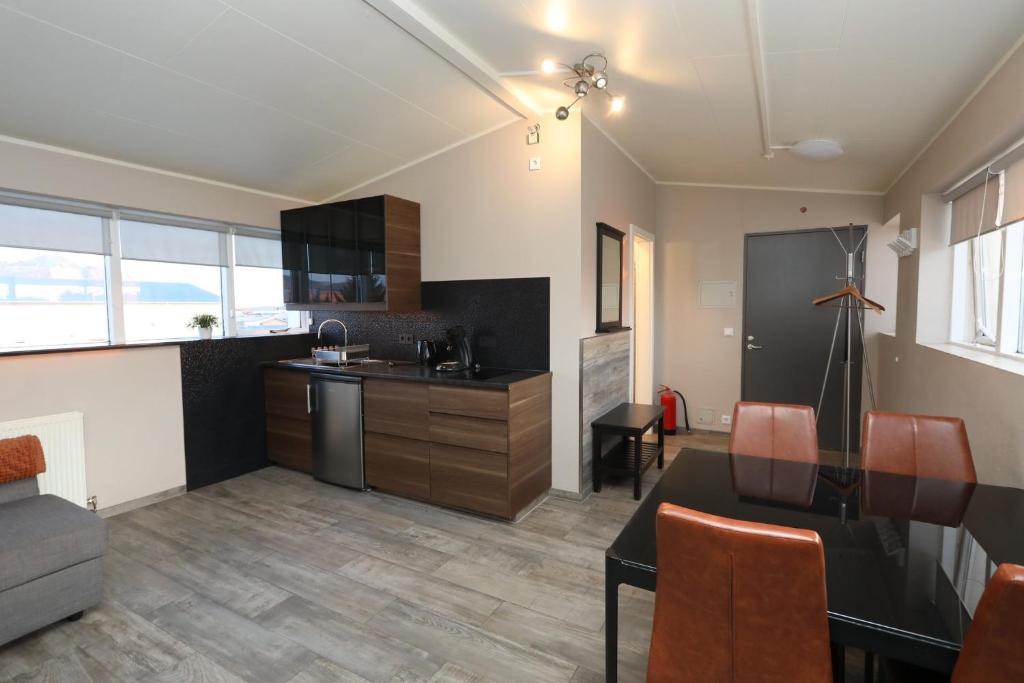 Kuchyň nebo kuchyňský kout v ubytování Skýjaborg Apartments