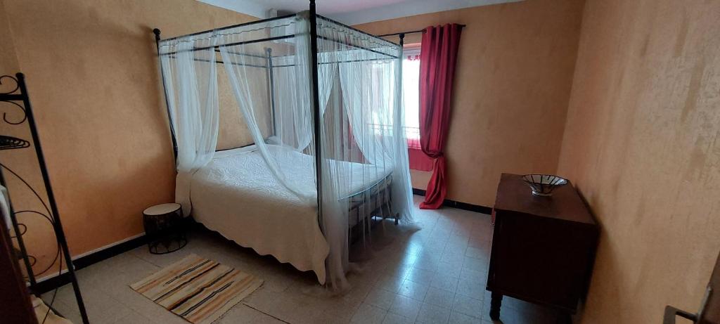 a bedroom with a canopy bed and a window at Maison Cosy à Rieux-Minervois in Rieux-Minervois