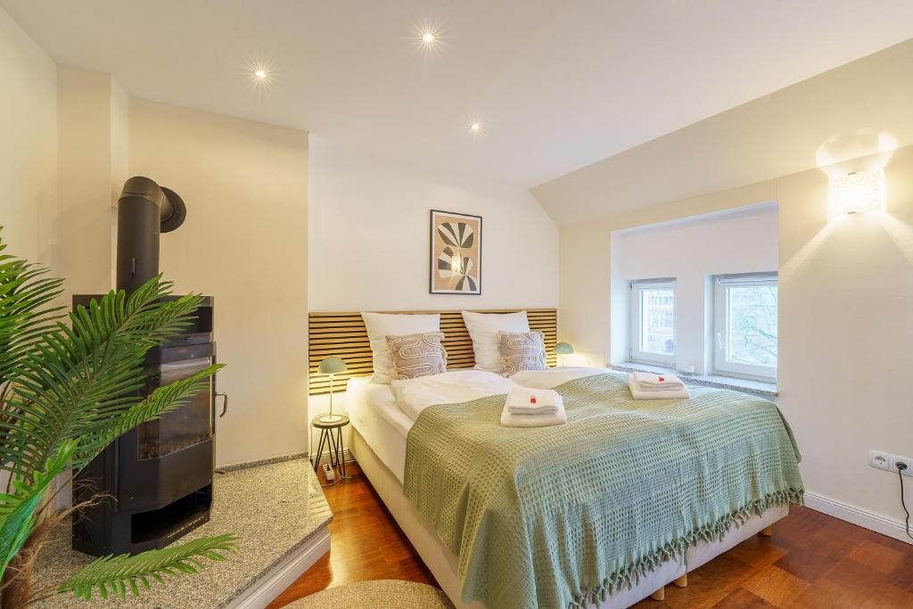 Maisonette am Holstentor mit Dachterrasse und Heimkino في لوبيك: غرفة نوم بسرير وتلفزيون