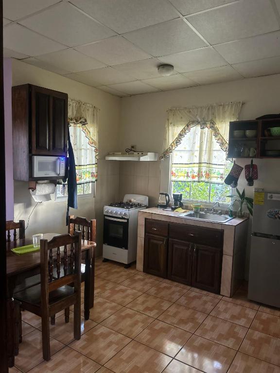 cocina con fogones, fregadero y mesa en Linda Vista Cabins, en Boquete