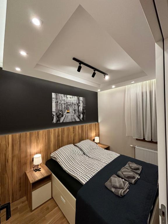 a bedroom with a bed and a black wall at Šumska staza Divčibare apartmani in Divčibare
