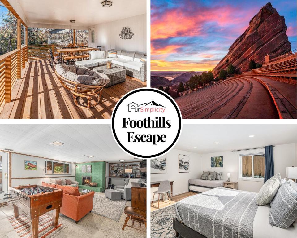 a collage of photos of a hotel room with a train room at Foothills Escape - 10 Min To Red Rocks in Lakewood
