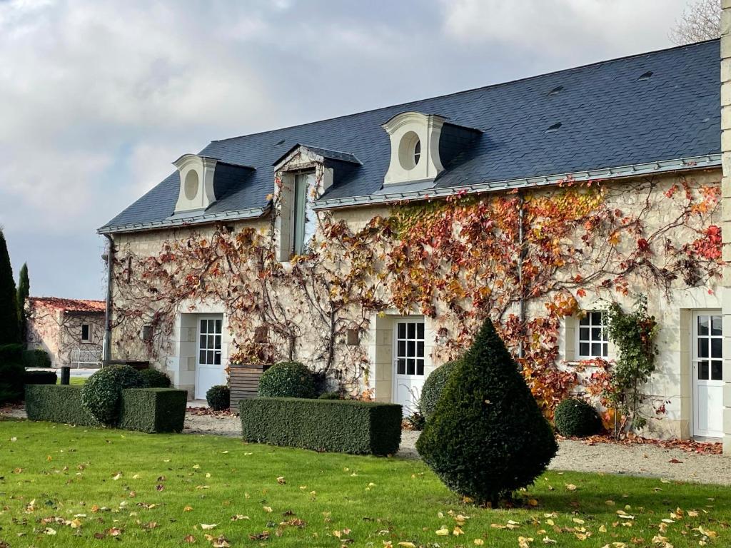 une maison en pierre avec un arbre devant dans l'établissement Manoir de famille Beausoleil, à Allonnes