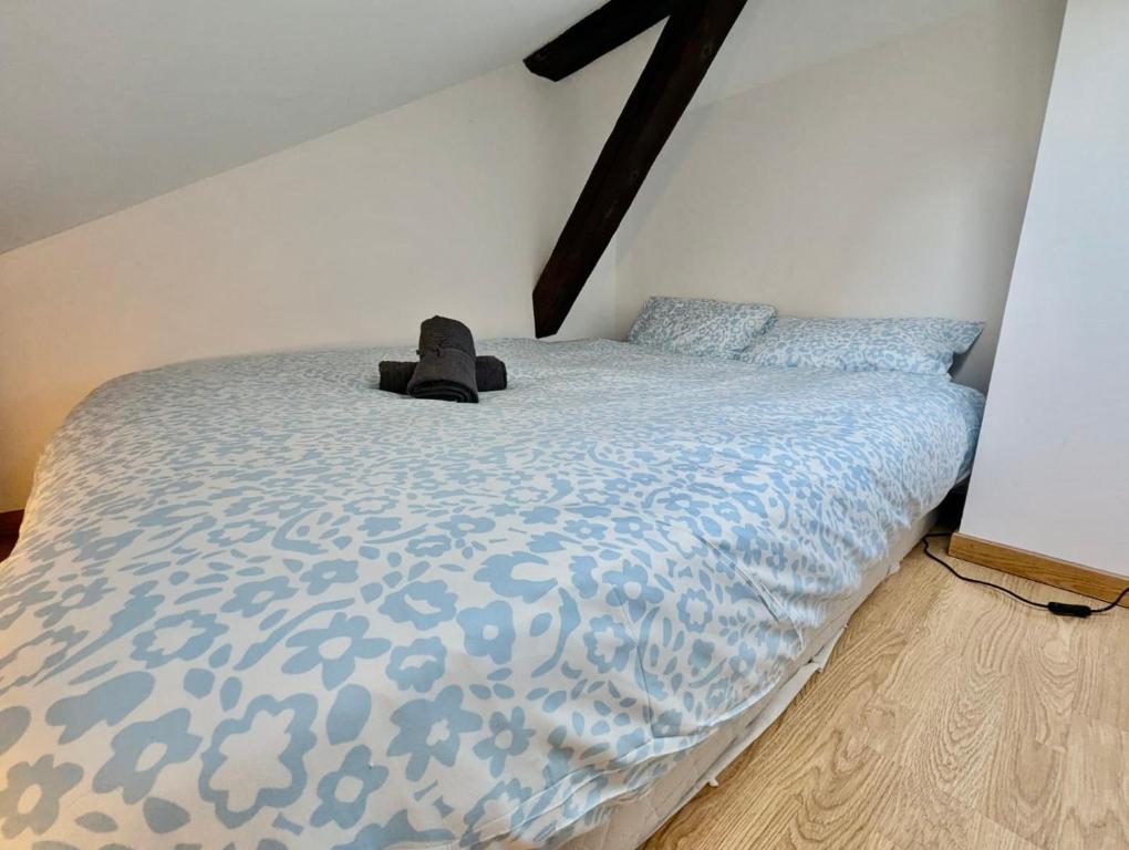 une chambre avec un lit avec une couette bleue dans l'établissement Studio Nouveau - Centre & Calme avec Wifi, à Grenoble
