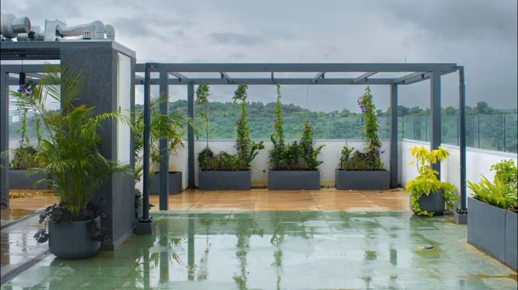 プネにあるThe Serene Studio with scenic beauty and sunsetの屋根の鉢植えのパティオ