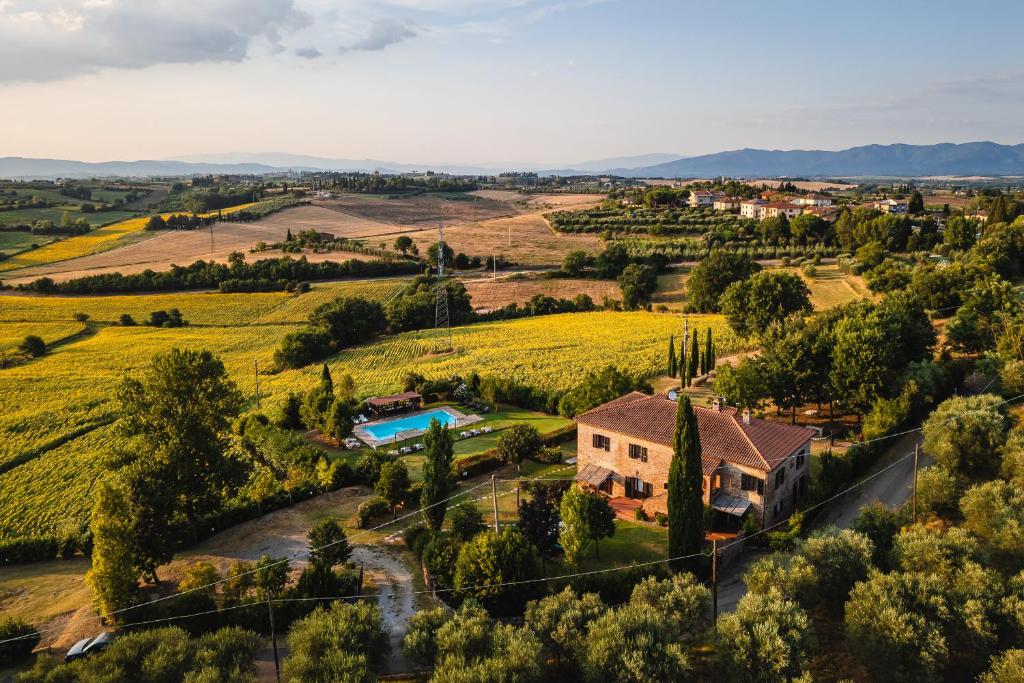 an aerial view of a villa in a vineyard with a house at Villa Le Belle Giornate in Foiano della Chiana