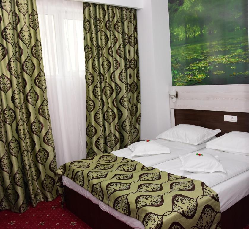 ブザウにあるHostel Orhideeaのベッドとカーテン付きのホテルルーム