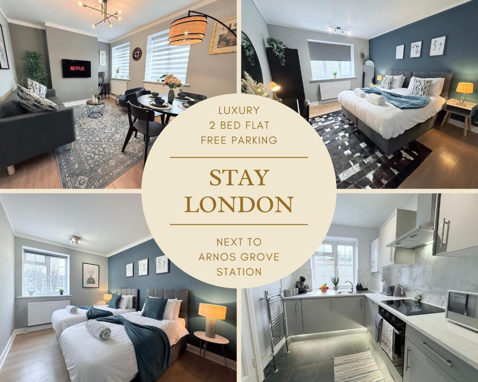 eine Collage mit Fotos von einem Schlafzimmer und einem Wohnzimmer in der Unterkunft StayLondon - Sleeps 5 with Free Parking - best for Holiday, Concerts or Matches in London