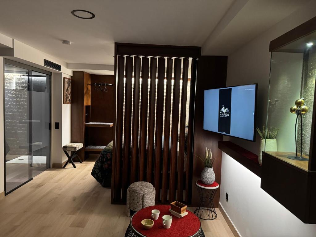 ein Wohnzimmer mit Schiebetür und Fernseher in der Unterkunft DÁBRIPA COZY y CLARITY in Las Palmas de Gran Canaria