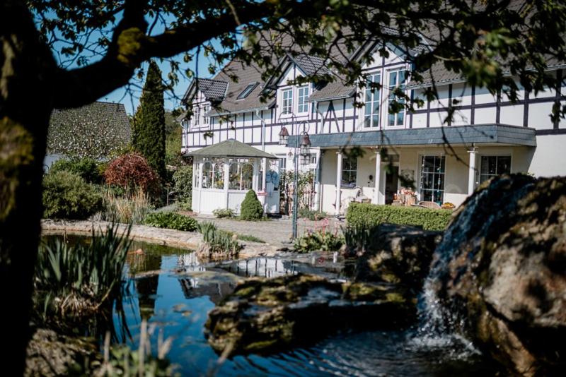 een huis met een vijver voor een huis bij Ferienwohnung in ländlicher Idylle in Meschede