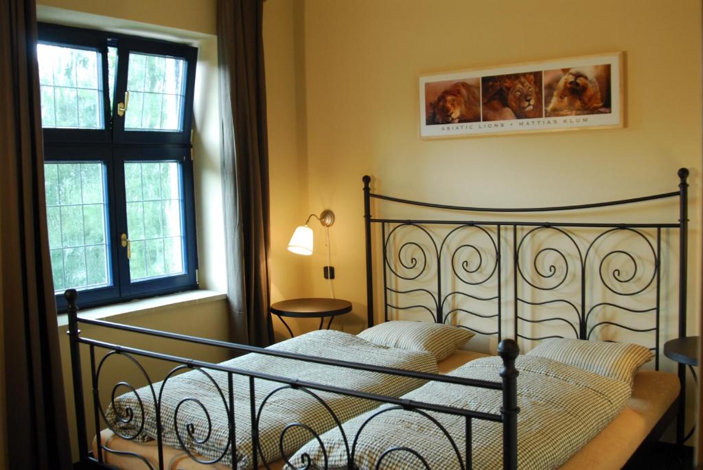 a bedroom with a black bed with a window at Apartments Merlin in Mariánské Lázně