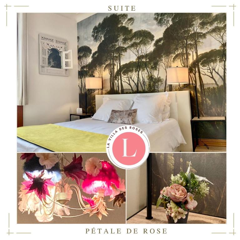 a collage of pictures of a bedroom with a bed at La Villa des Roses Gîte Chambres d'hôtes Piscine chauffée in Luçon