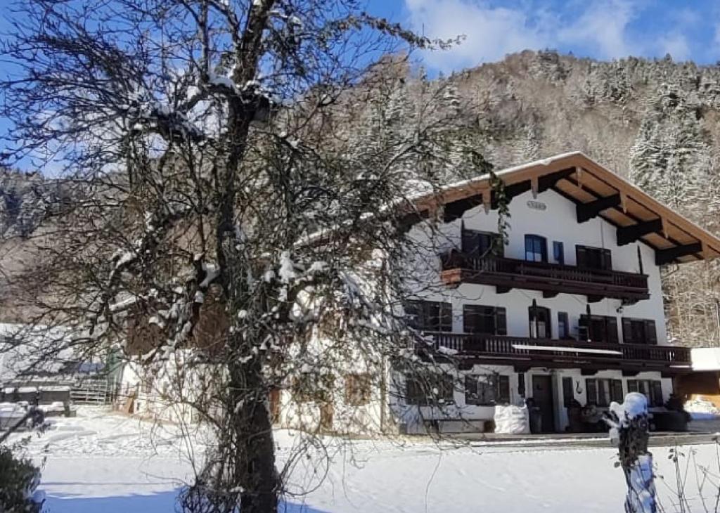 ルーポルディングにあるHansenbauernhof inkl. Chiemgaukarteの雪の木のある建物
