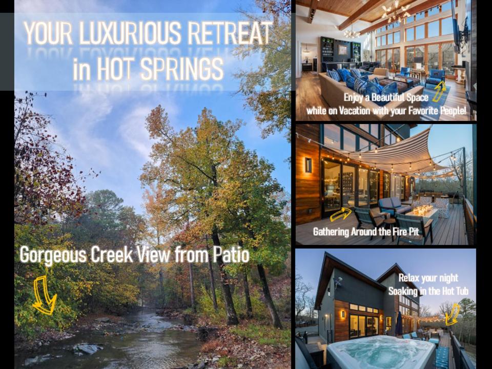 a collage of pictures of houses and a river at Luxurious Retreat! Private Creek View, Hot-tub, Pool in Hot Springs