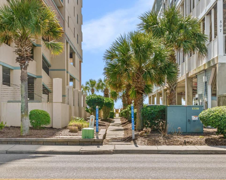 eine Straße mit Palmen vor einem Gebäude in der Unterkunft Cozy Beachside Bungalow Studio Ideal for Couples in Myrtle Beach