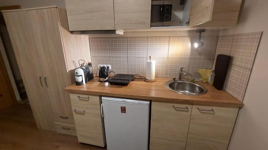 Kuchyň nebo kuchyňský kout v ubytování Apartamenti ar verandu diviem cilvēkiem