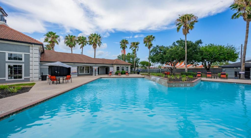 Sleepover 1BD 1BA Corpus Christi Apartments في كوربوس كريستي: مسبح امام بيت فيه نخيل