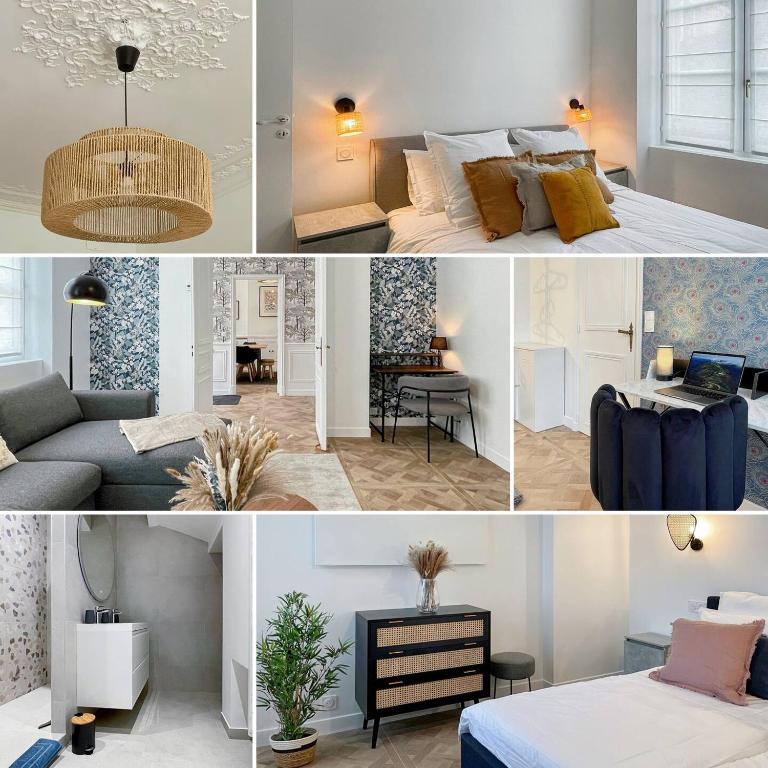 un collage de photos d'une chambre et d'un salon dans l'établissement Le Grand Carré Versailles, à Versailles