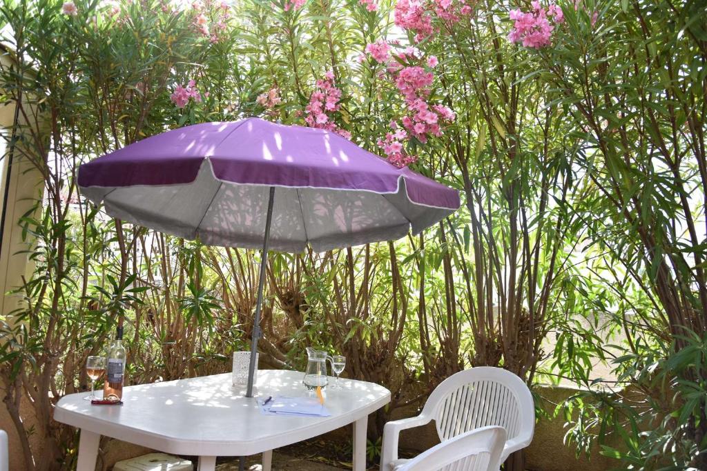 une table avec un parapluie violet et deux chaises dans l'établissement Pavillon 3 pièces - Gruissan Ayguades AY060-056, à Vires