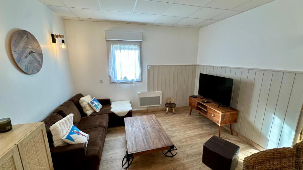 Una sala de estar con un sofá y un televisor. en Les Oréades Le Mont Dore 10pers, en Le Mont-Dore