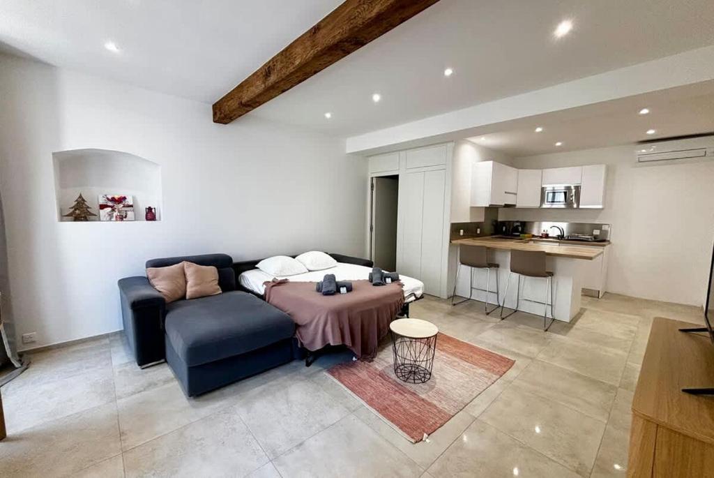 un salon avec un canapé et une table dans l'établissement Magnifique studio dans l’hyper-centre d’Ajaccio, à Ajaccio