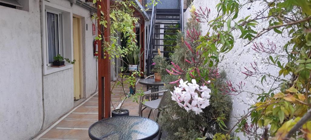 an alley with two tables and chairs and plants at Ríos que nos unen in Colonia del Sacramento