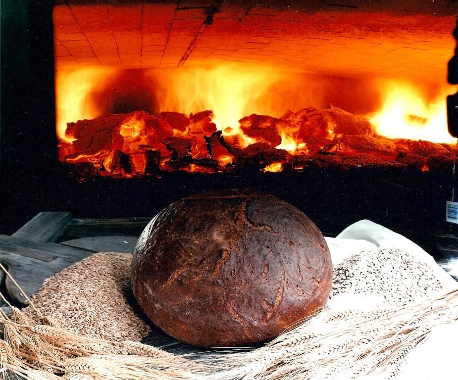 a loaf of bread sitting in front of a fire at Erlachmühle in Mondsee