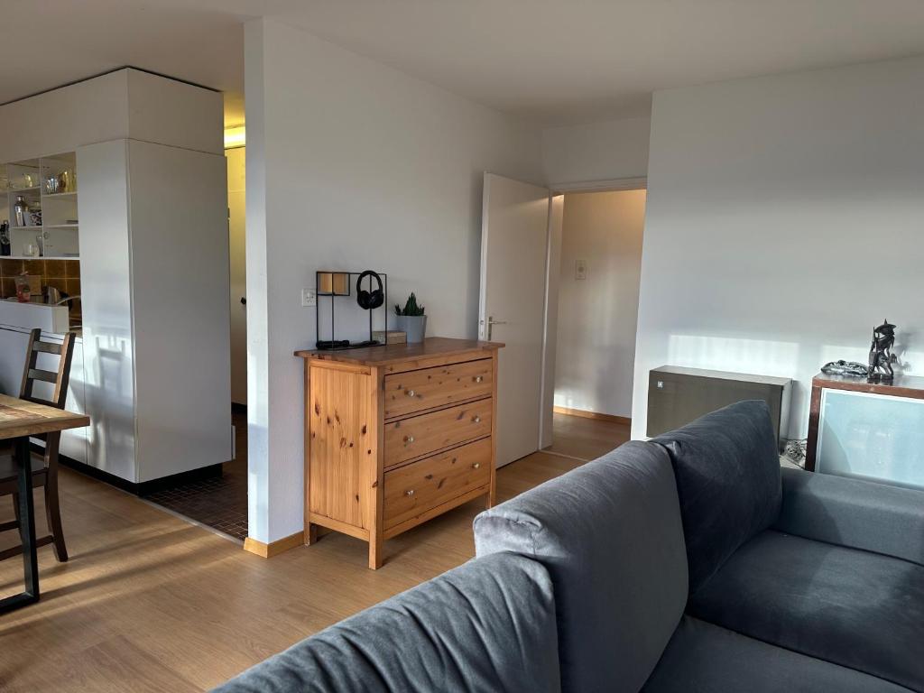 un soggiorno con divano e cassettiera in legno di Lovely room, 15 min from center, mountain view a Zurigo