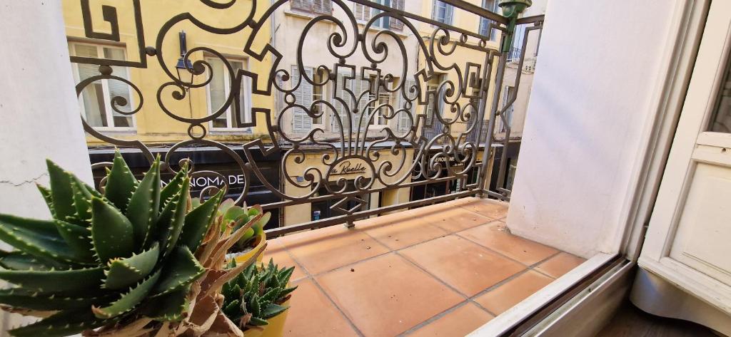 - un balcon avec une porte en fer forgé et un cactus dans l'établissement Loft de charme - centre historique, à Aix-en-Provence