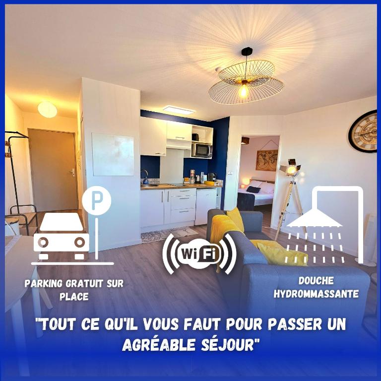 pokój z kuchnią i salonem w obiekcie Appartement Résidentiel avec parking/Proche Centre w mieście Angoulême