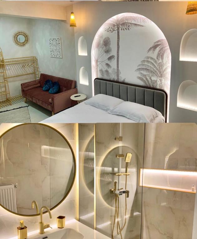 a bedroom with a bed and a bathroom with a mirror at Kastoria NYC in Kastoria