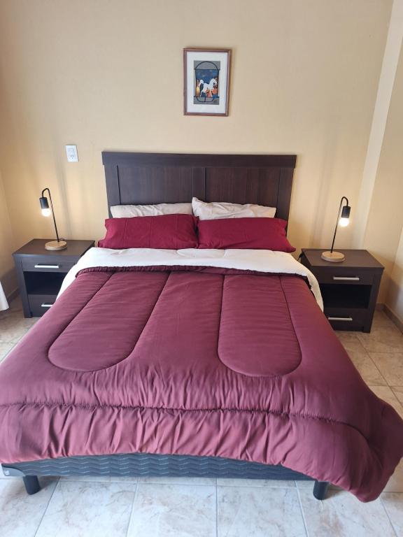 a large bed with a red comforter in a bedroom at Departamento Terruños in Tunuyán