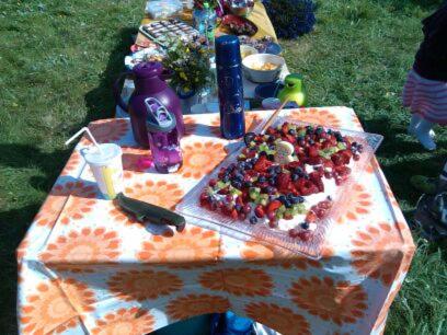 a picnic table with a cake with fruit on it at Kleivan Feriehus in Kvalnes