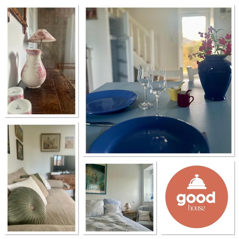 un collage de photos avec une table avec des verres à vin dans l'établissement La Maison D'Edouard, à Montastruc-de-Salies