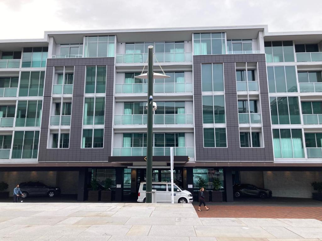 a large building with a cross in front of it at Marsden Viaduct in Auckland