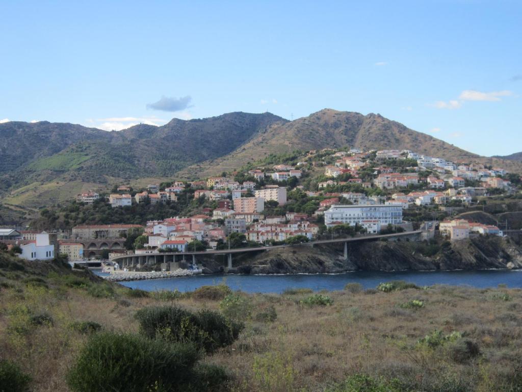 une ville sur une colline avec un pont sur une rivière dans l'établissement Appart F2 à 150 M de la plage avec parking privé, à Cerbère