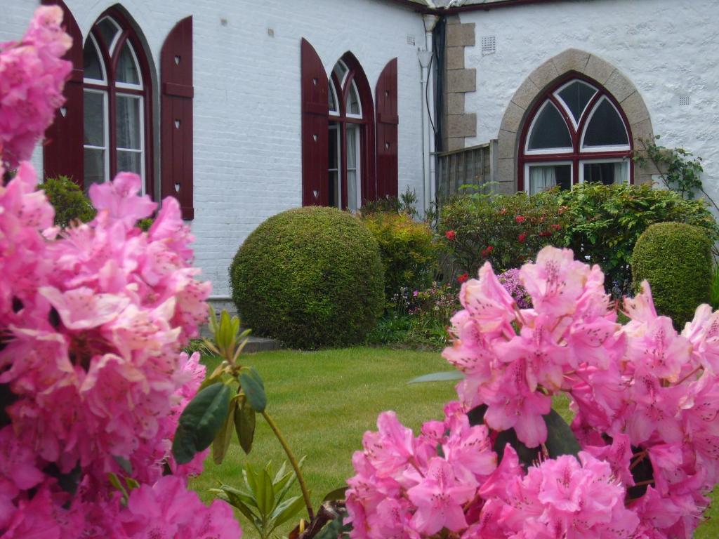 un ramo de flores rosas delante de una casa en Undercliff Guest House, en Trinity