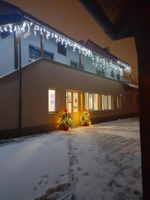 a building with christmas trees and lights on it at Casa Opal in Săcele
