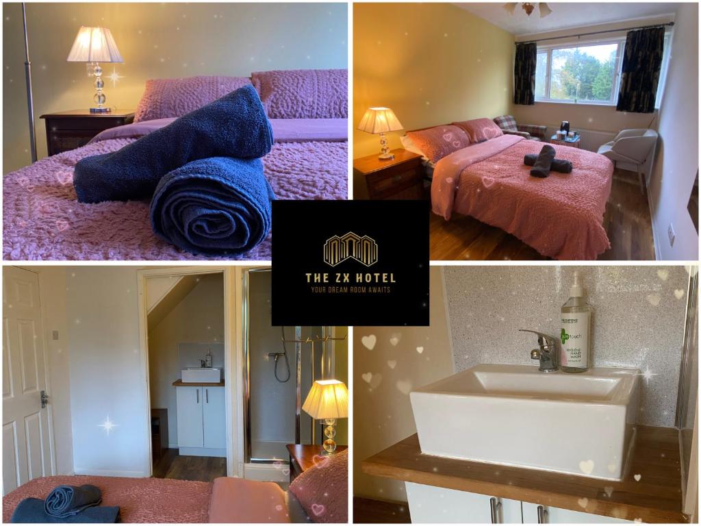 a collage of four pictures of a hotel room at The ZX Hotel - Street View - Room 2 in Reading