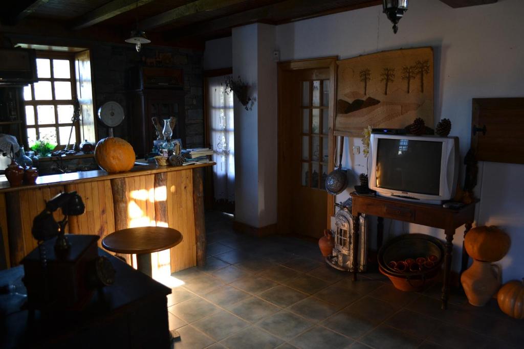 een woonkamer met een televisie en een tafel bij Casa de Onor in Rio de Onor