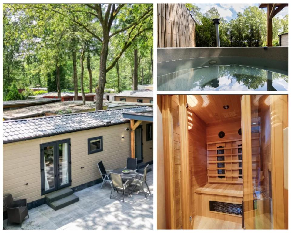 una casa con piscina e una casa di VELUWE HOENDERLOO LUXURY CHALET WITH PRIVATE SAUNA AND HOT TUB - Swimming Pool Tennis Court Supermarket Bowling Alley Theatre and Entertainment for Children a Hoenderloo