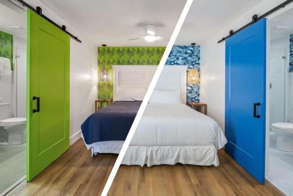 キーウェストにあるChicken Water Cabana at Custom House Innのベッドルーム1室(ベッド1台付)とバスルーム1室の写真2枚