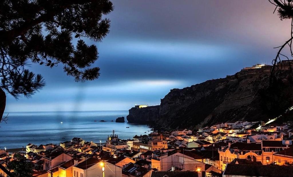 a view of a city at night with the ocean at Hotel Mare in Nazaré