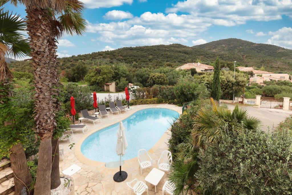 une piscine extérieure avec des chaises et un palmier dans l'établissement La Maison de Laurence, aux Issambres